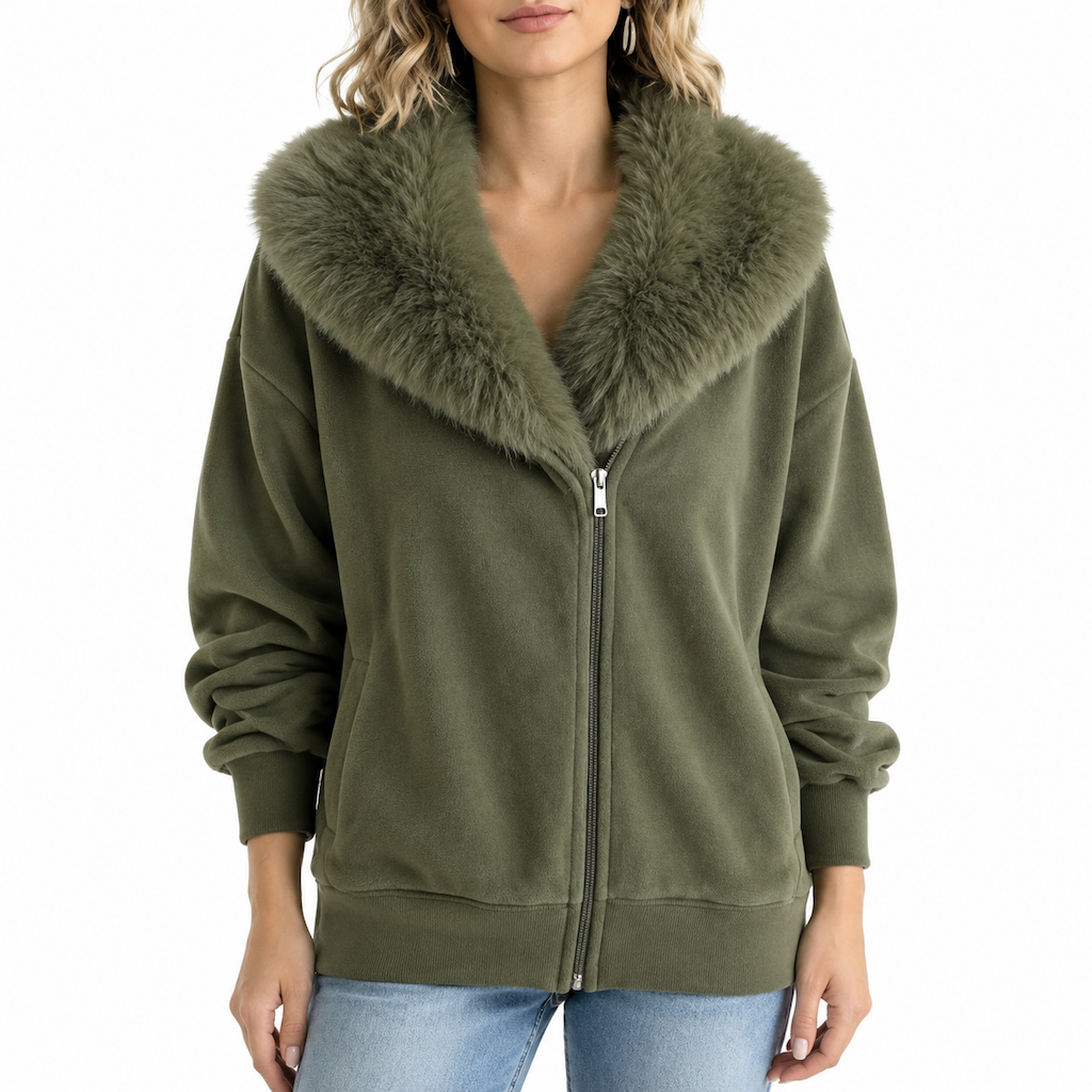 Manteau décontracté pour femme avec col en fausse fourrure pelucheuse et fermeture éclair asymétrique