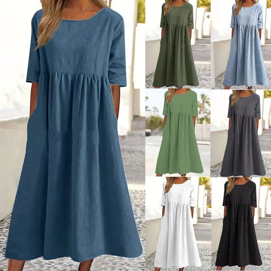 【S-5XL】👗Памучна рокля с кръгло деколте и джобове