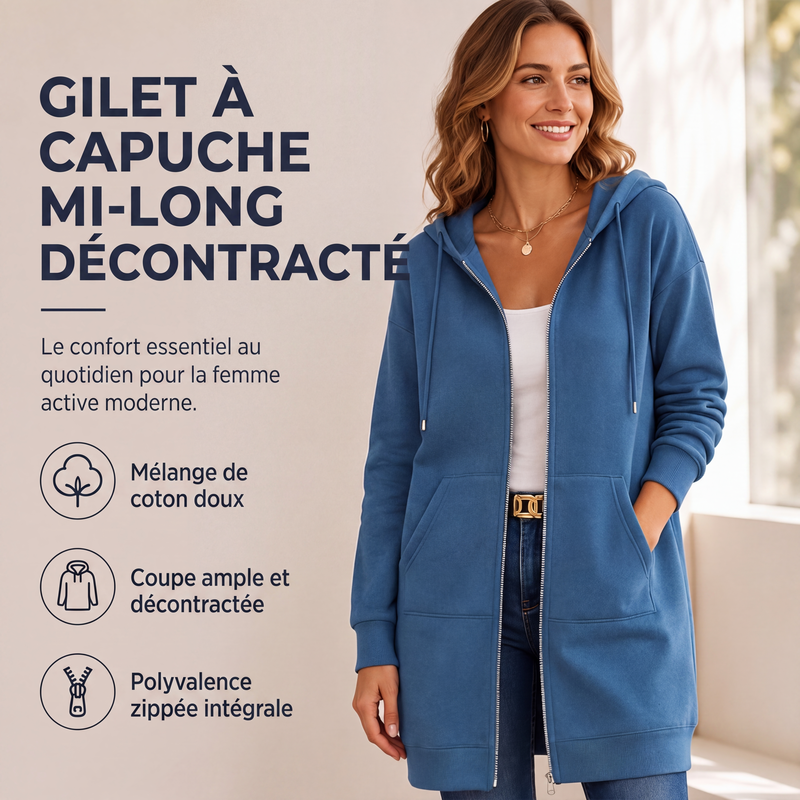 🍂 OFFRE DE SAISON · 50 % | Cardigan Long Femme à Capuche & Zip