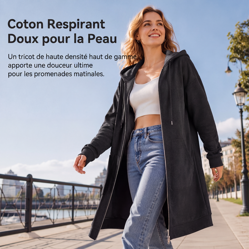 🍂 OFFRE DE SAISON · 50 % | Cardigan Long Femme à Capuche & Zip