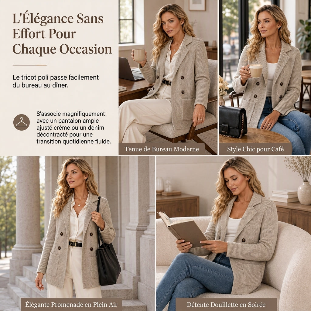 Cardigan en maille côtelée double boutonnage pour femme avec poches et col châle