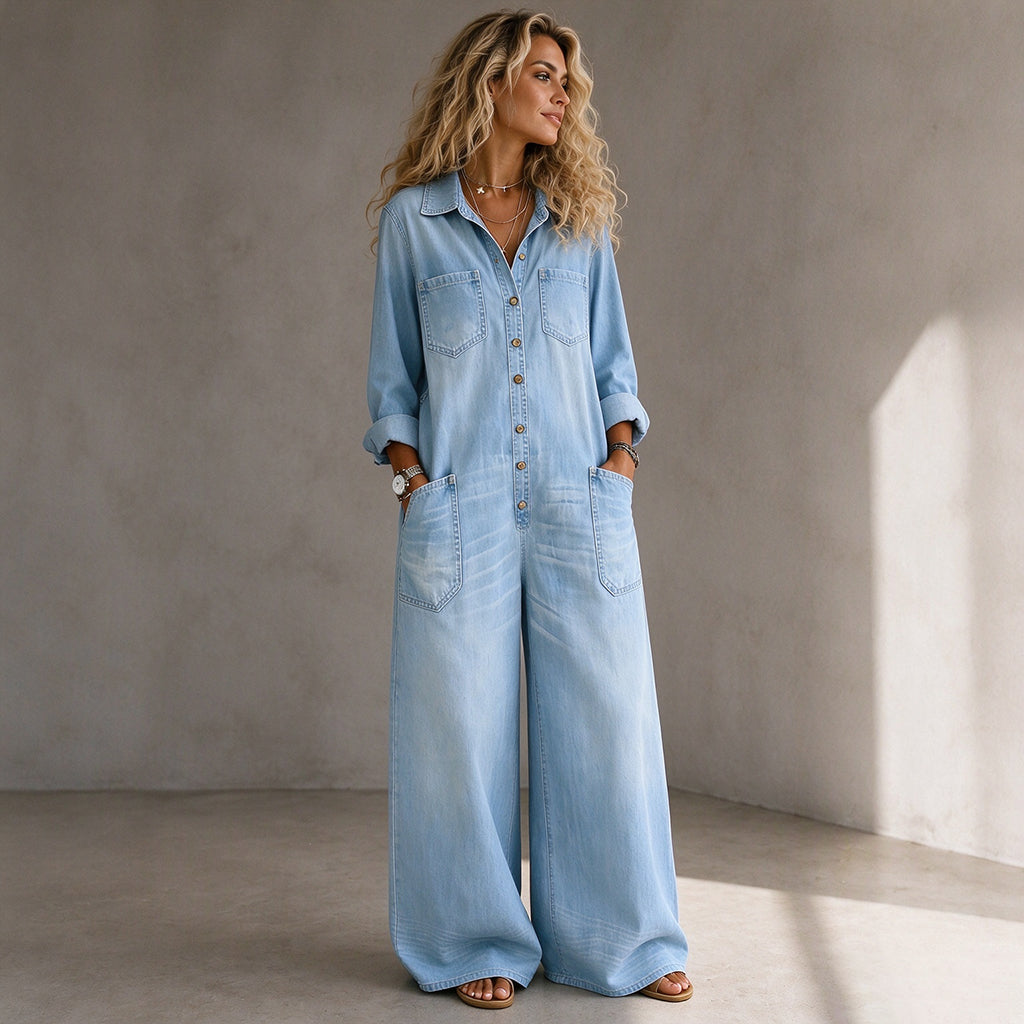 ❤️Combinaison en jean vintage à col pour femmes