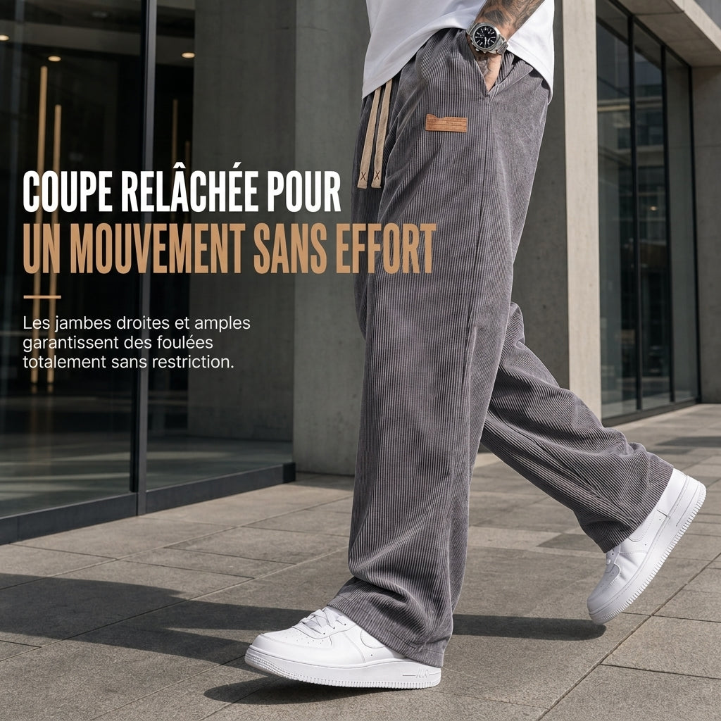 Pantalon décontracté en velours côtelé léger pour homme, coupe ample et jambe droite