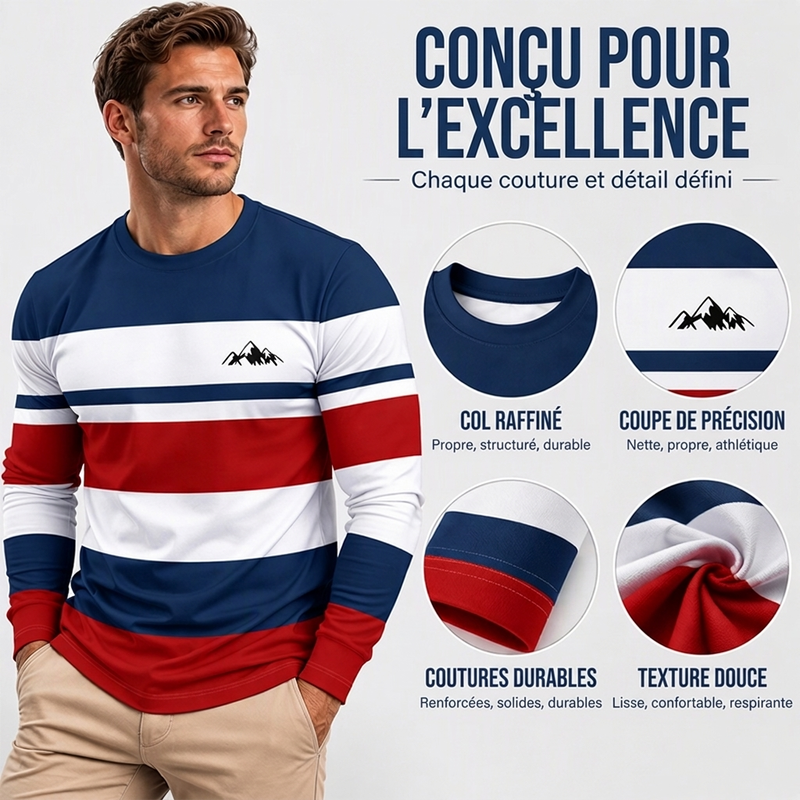 🔥Haut à manches longues et col rond rayé pour homme