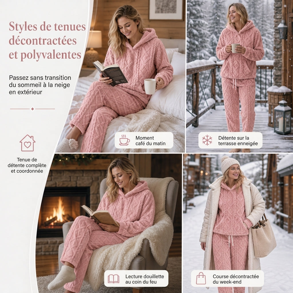 ❄️Ensemble de détente 2 pièces en tissu pelucheux pour femme, sweat à capuche et pantalon