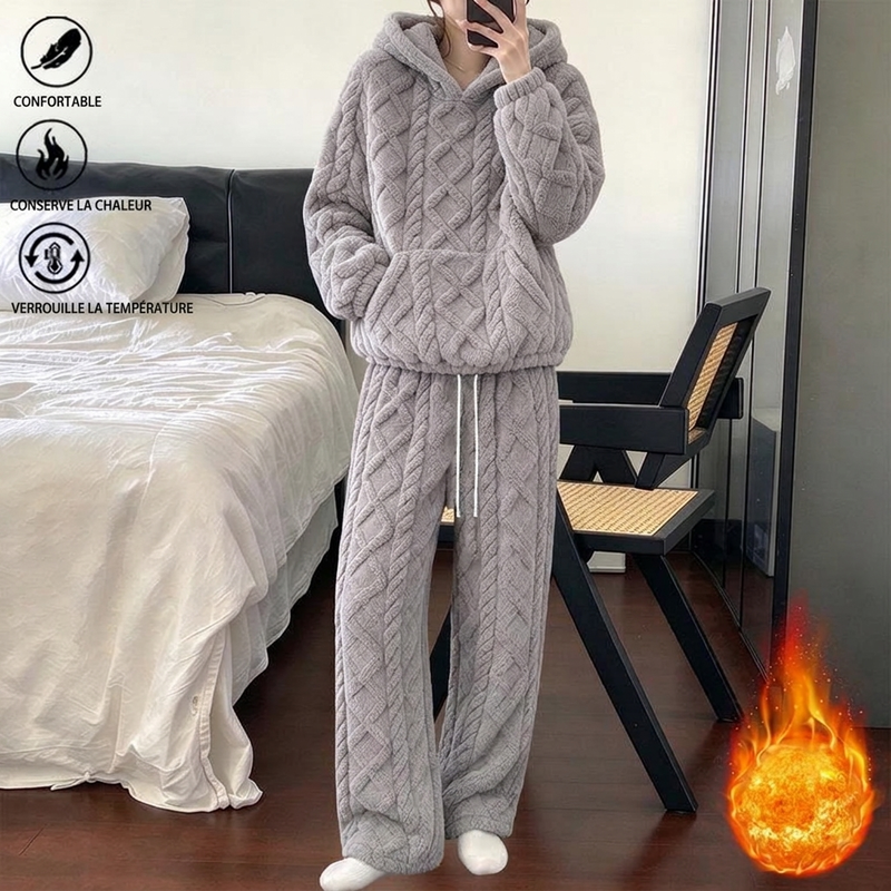 ❄️Ensemble de détente 2 pièces en tissu pelucheux pour femme, sweat à capuche et pantalon
