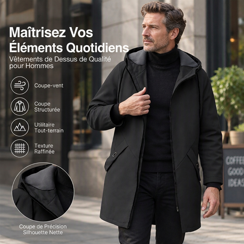 🔥Trench-coat à capuche mi-long pour homme