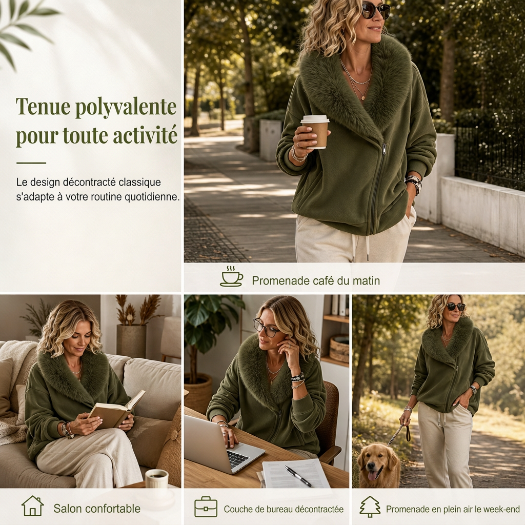 Manteau décontracté pour femme avec col en fausse fourrure pelucheuse et fermeture éclair asymétrique