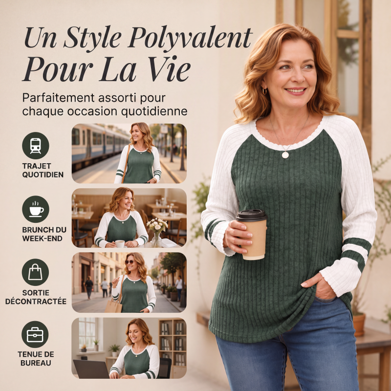 💖Haut en maille côtelée à manches longues color-block pour femme