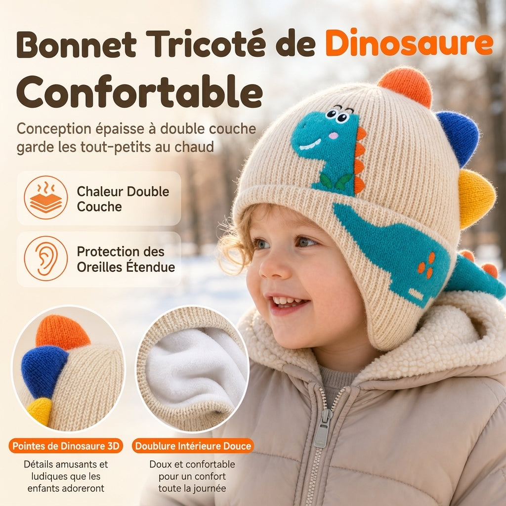 🦖 Bonnet d'hiver en tricot pour enfants, motif dinosaure, très mignon 🧶 Coupe-vent et doté de cache-oreilles, convient aux garçons et aux filles