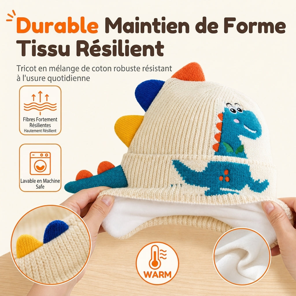 🦖 Bonnet d'hiver en tricot pour enfants, motif dinosaure, très mignon 🧶 Coupe-vent et doté de cache-oreilles, convient aux garçons et aux filles