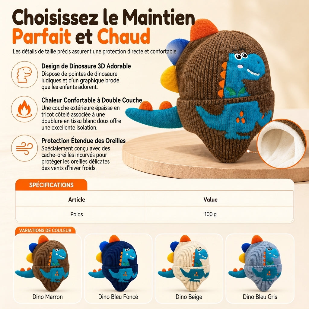 🦖 Bonnet d'hiver en tricot pour enfants, motif dinosaure, très mignon 🧶 Coupe-vent et doté de cache-oreilles, convient aux garçons et aux filles